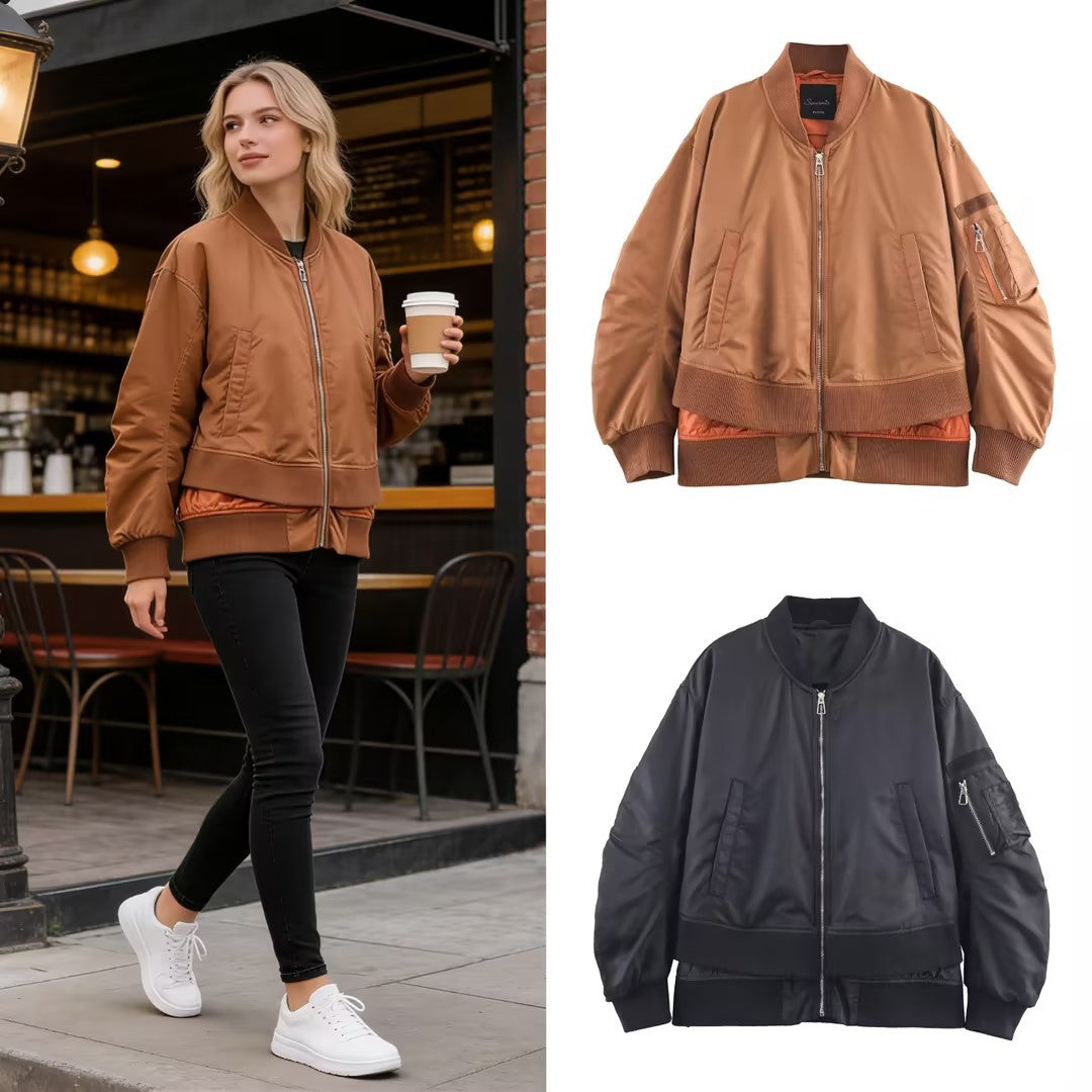 Women's Oversize Bomber Jacket with padded quilted lining, sleeve zip pocket and wide ribbed cuff Chichicherry