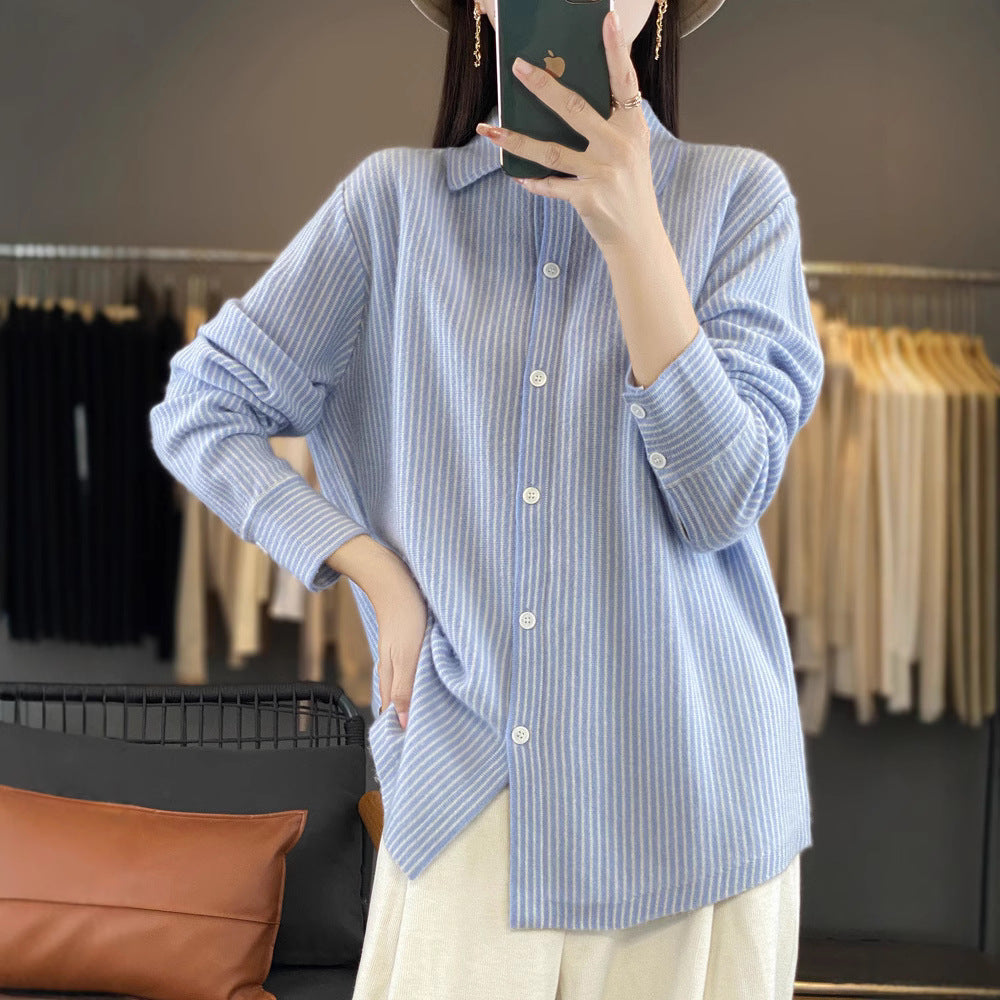 Women's Lightweight Fine Knit Shirt with Polo Collar and Fine Stripes Chichicherry