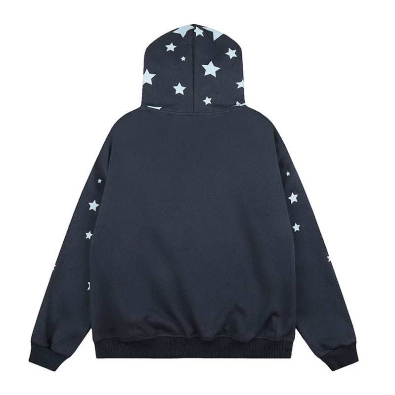 Women Oversize Hooded Sweat Jacket with Star Allover, Faux Fur Trim and Full Zip Chichicherry