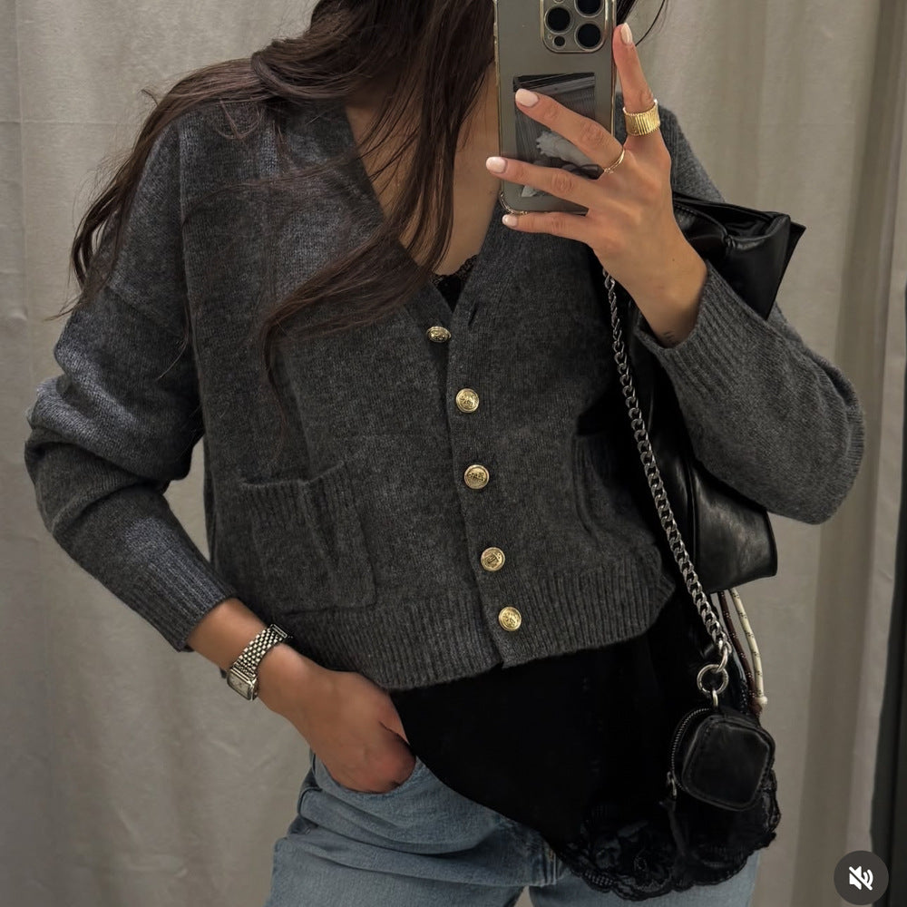 Women's Plus Size Wool Blend Cardigan with V-Neck, Gold Decorative Buttons and Flap Pockets Chichicherry