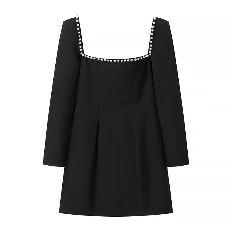 Women Figure-Hugging A-Line Mini Dress with Square Neckline, Long Sleeves and Beaded Detail Chichicherry