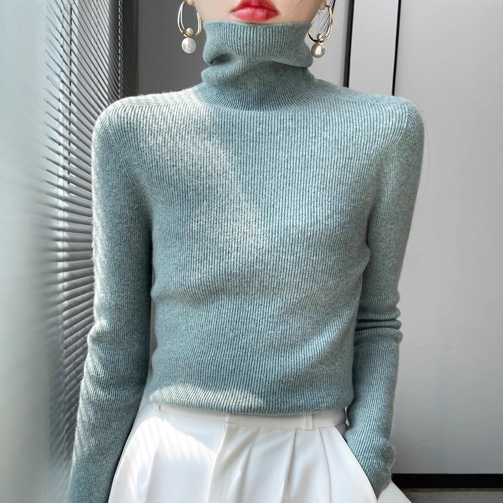 Women's Slim Roll Neck Sweater in Cashmere Blend with Extra Long Sleeve Cuff Chichicherry