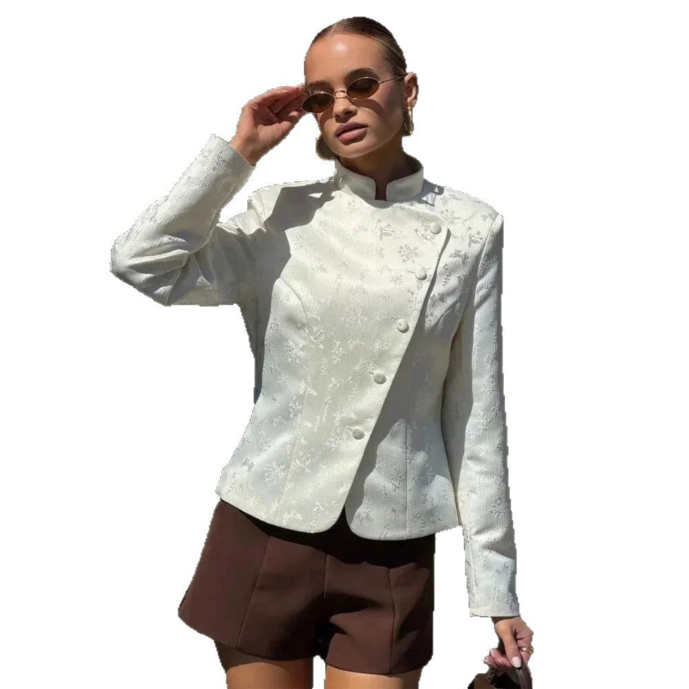 Women's Tailored Jacquard Blazer with Overlapping Lapels and Decorative Buttons Chichicherry