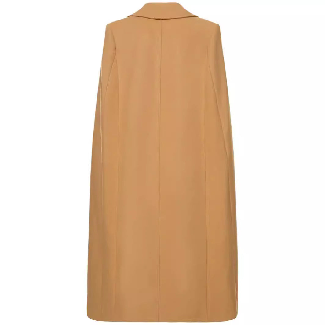 Women Cape-inspired Maxi long coat made of wool blend with narrow lapel Chichicherry