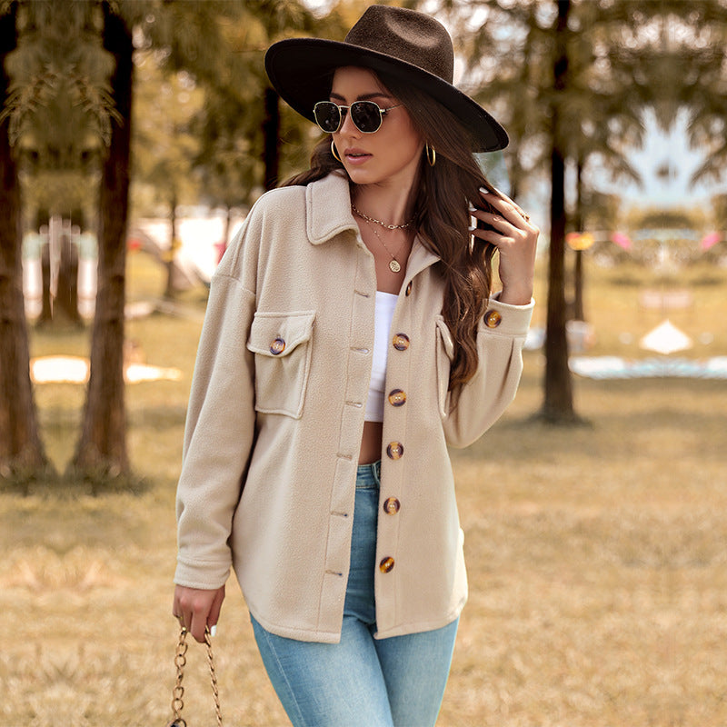 Women's Oversized Teddy Shacket with button placket, patch pockets, and soft lining Chichicherry