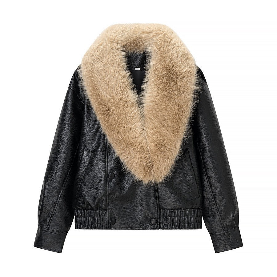 Women's bomber jacket made of leather look with voluminous fur collar Chichicherry