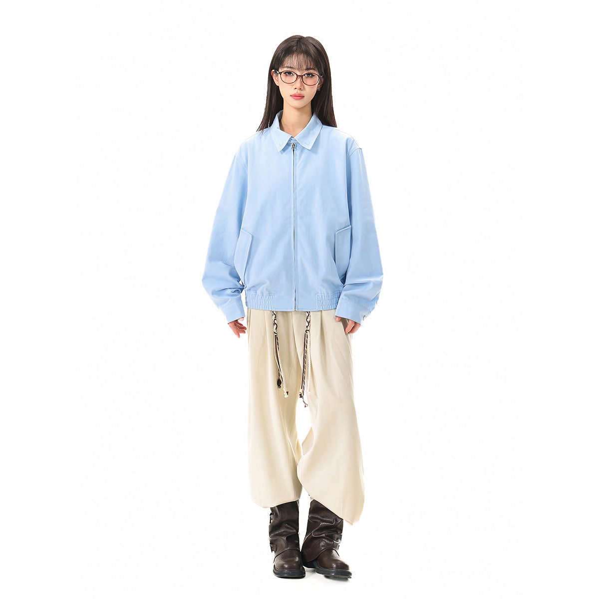 Unisex Light Boxy Blouson Jacket with Shirt Collar and Concealed Zipper Chichicherry