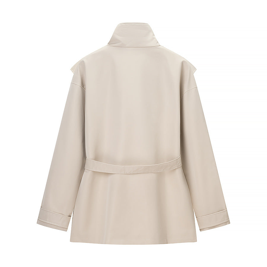 Women's Short Tailored Rain Jacket with Cape Shoulder Detail and Ties Belt Chichicherry