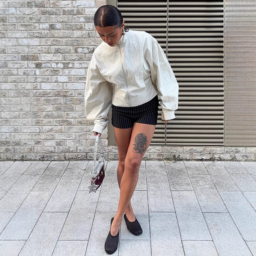 Women Short fitted bomber jacket with stand-up collar and fine pinstripe texture Chichicherry