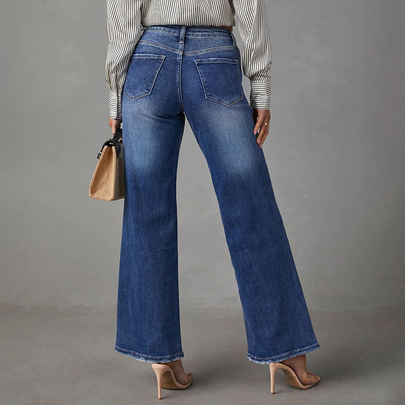 Women High-Waist Denim Flared Pants with Wide Leg and Light Vintage Wash Chichicherry