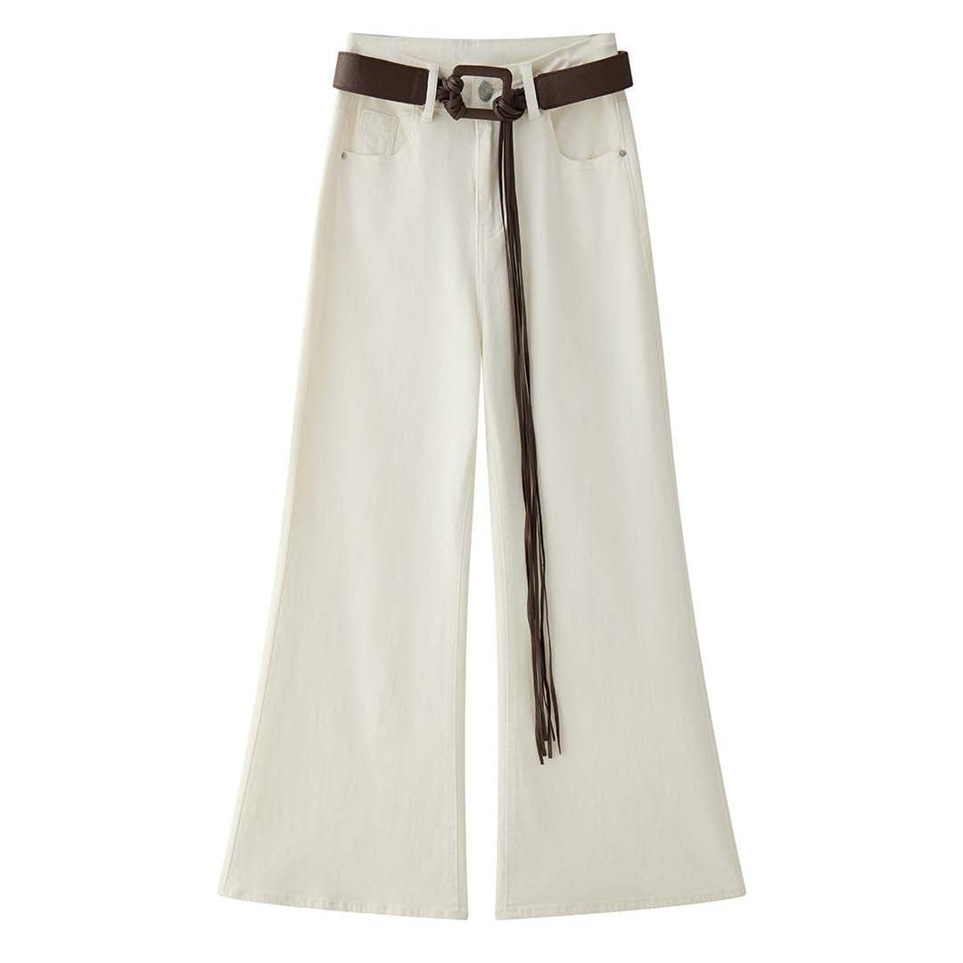 Women High-waisted wide cotton pants with wide leg and fringed leather belt Chichicherry