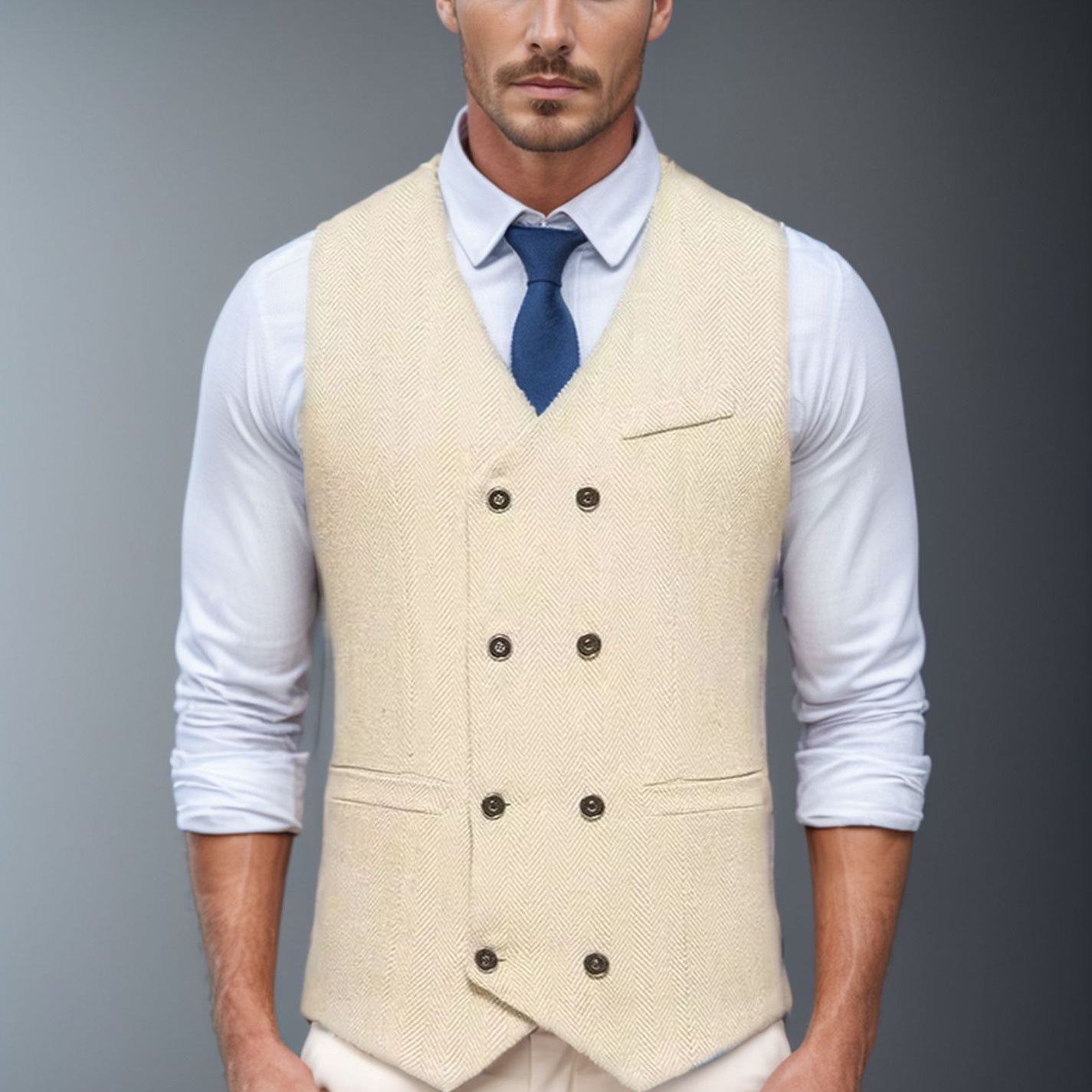Men's Double-Breasted Herringbone Vest with Suit Look and V-Neck Chichicherry