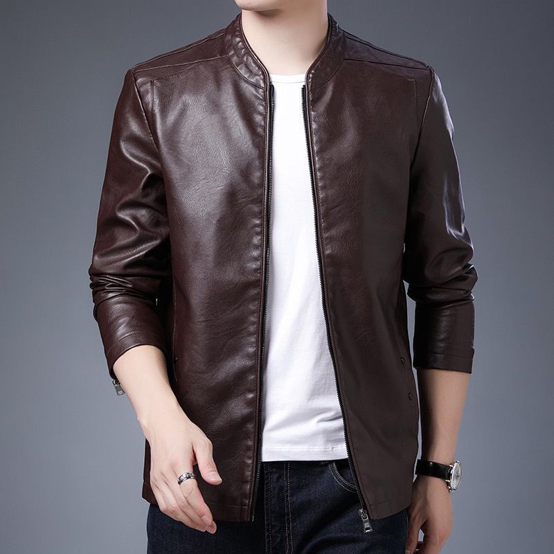 Men's slim-fit faux leather flight jacket with stand-up collar and zipper closure Chichicherry