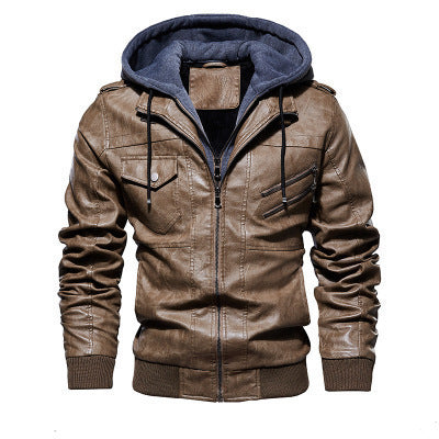 Men's faux leather flight jacket with integrated hood layer, zippered chest pocket, and ribbed cuffs Chichicherry