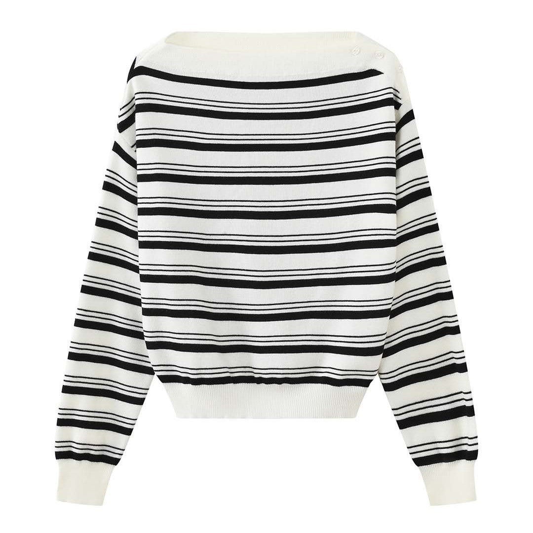 Ladies fine knit sweater with asymmetric boat neckline and fine block stripes Chichicherry