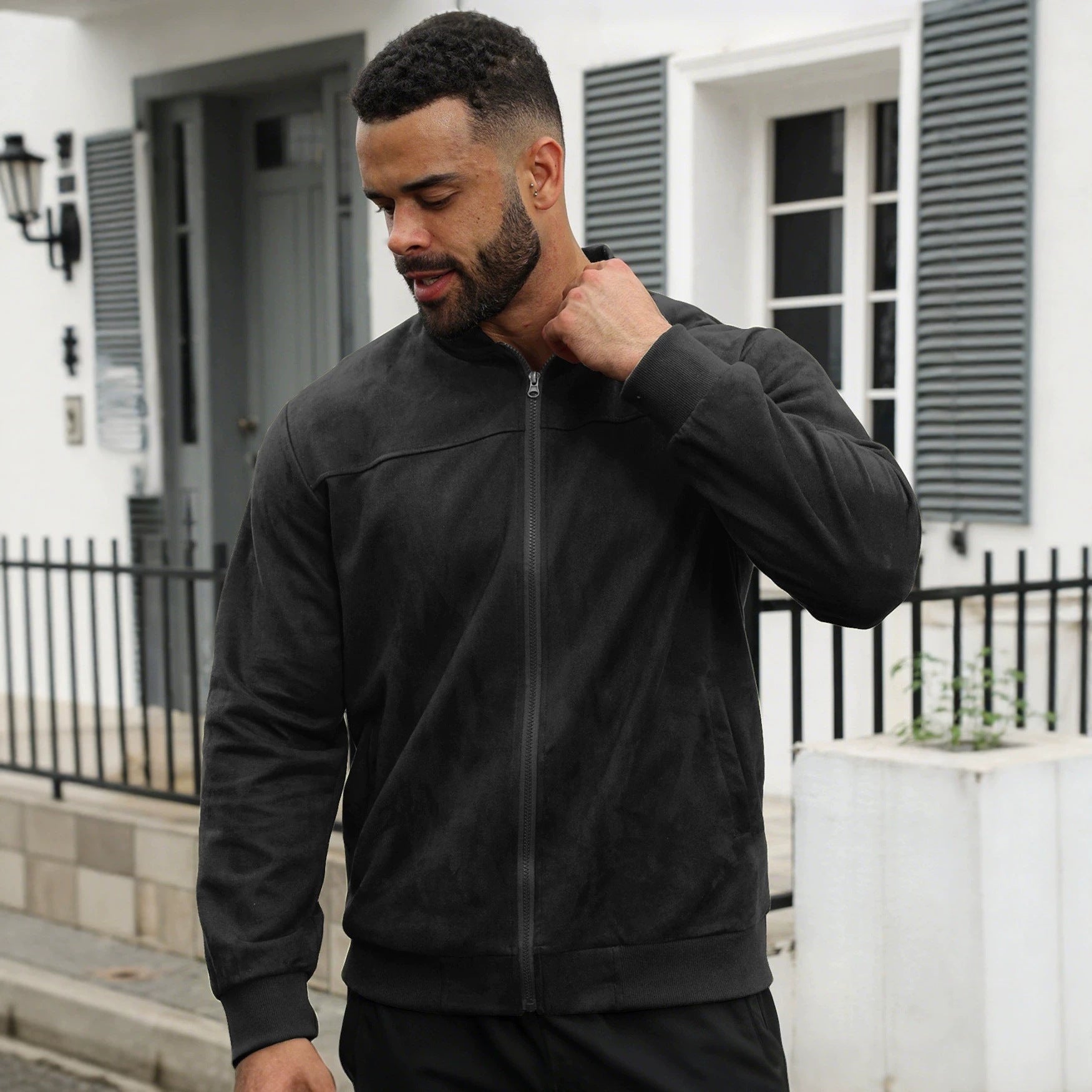 Men's Lightweight Bomber Jacket in Velour Look with Zipper and Ribbed Cuffs Chichicherry