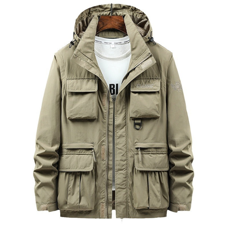 Men's Mult functional Utility Field Jacket with Hood, Multiple Pockets and Ripstop Outer Material Chichicherry