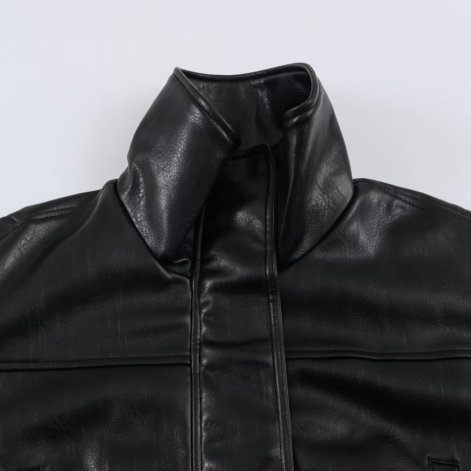 Women's Oversized Leather Look Blouson Jacket with Stand-up Collar and Elastic Hem Chichicherry