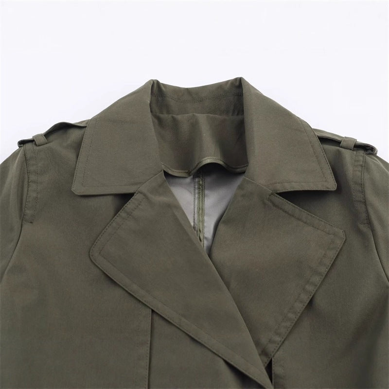 Women's short trench coat with A-line silhouette, double-breasted button placket, detachable belt, and shoulder epaulettes Chichicherry
