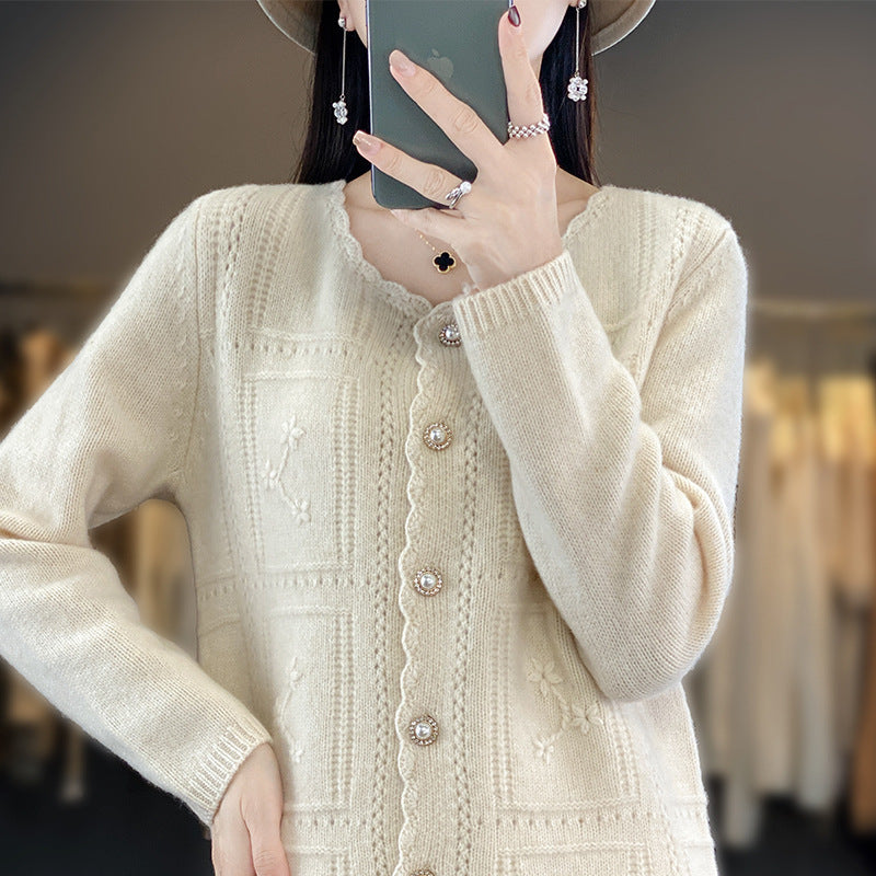 Ladies Embellished Knit Cardigan with Pearl Buttons and Openwork Embroidery Chichicherry