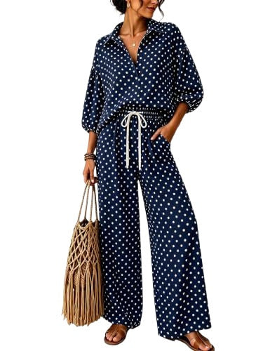 Women's Polka Dot Two-Piece Lounge Set with Shirt Blouse Top and Drawstring Wide Leg Pants Chichicherry