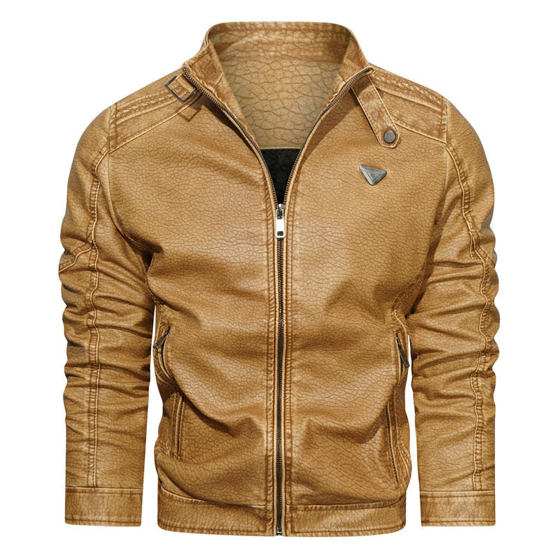 Men's faux leather jacket in vintage denim look with gathered sleeves and stand-up collar Chichicherry