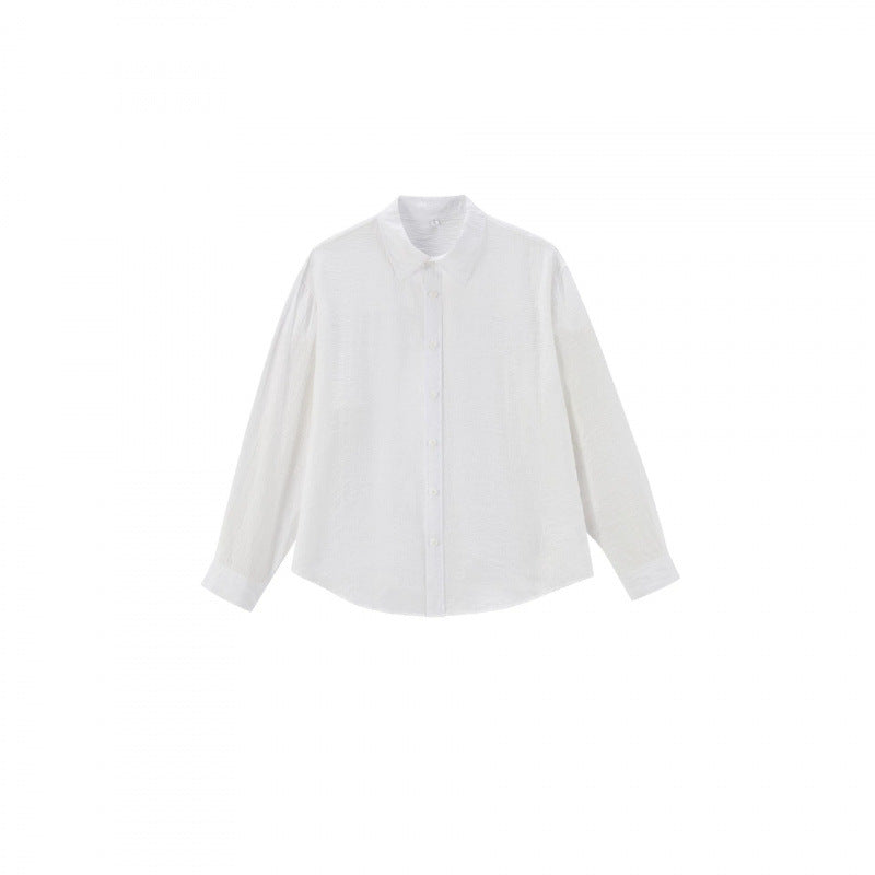 Women's Loose Textured Linen-Cotton Shirt with Kent Collar and Rounded Hem Chichicherry