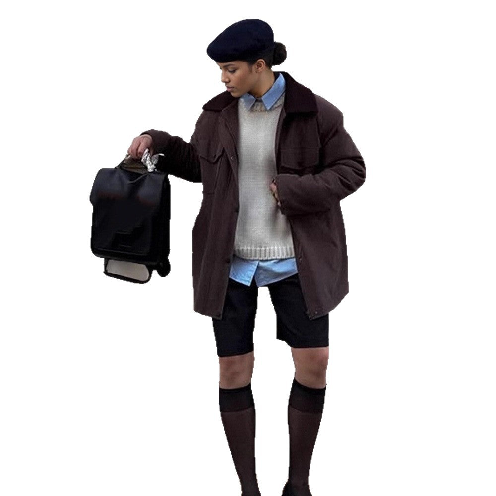 Women's Boxy Utility Short Coat with Contrast Collar and Patch Pockets Chichicherry
