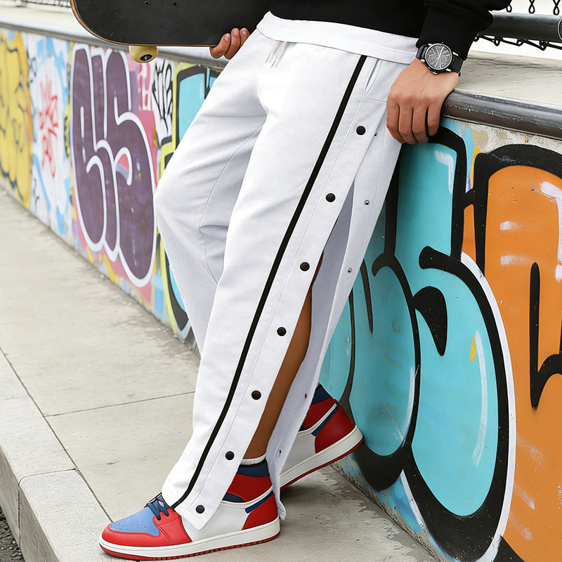 Men's Sporty Snap Track Pants with Side Snap Stripes and Drawstring Chichicherry