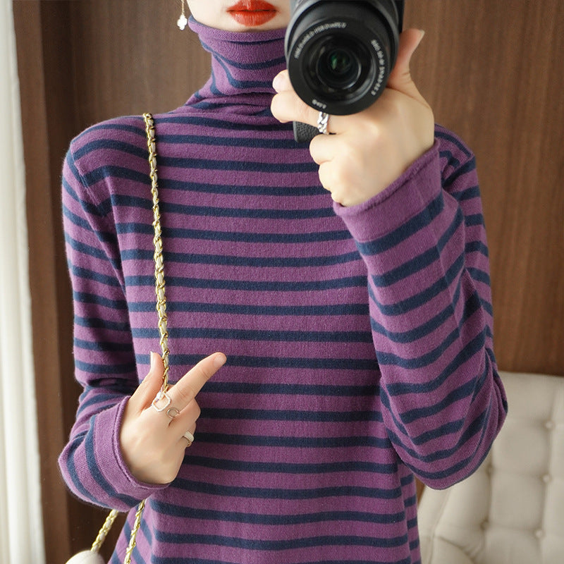 Ladies Maritime Fine Knit Turtleneck with Fine Stripe Pattern and Slim Fit Chichicherry