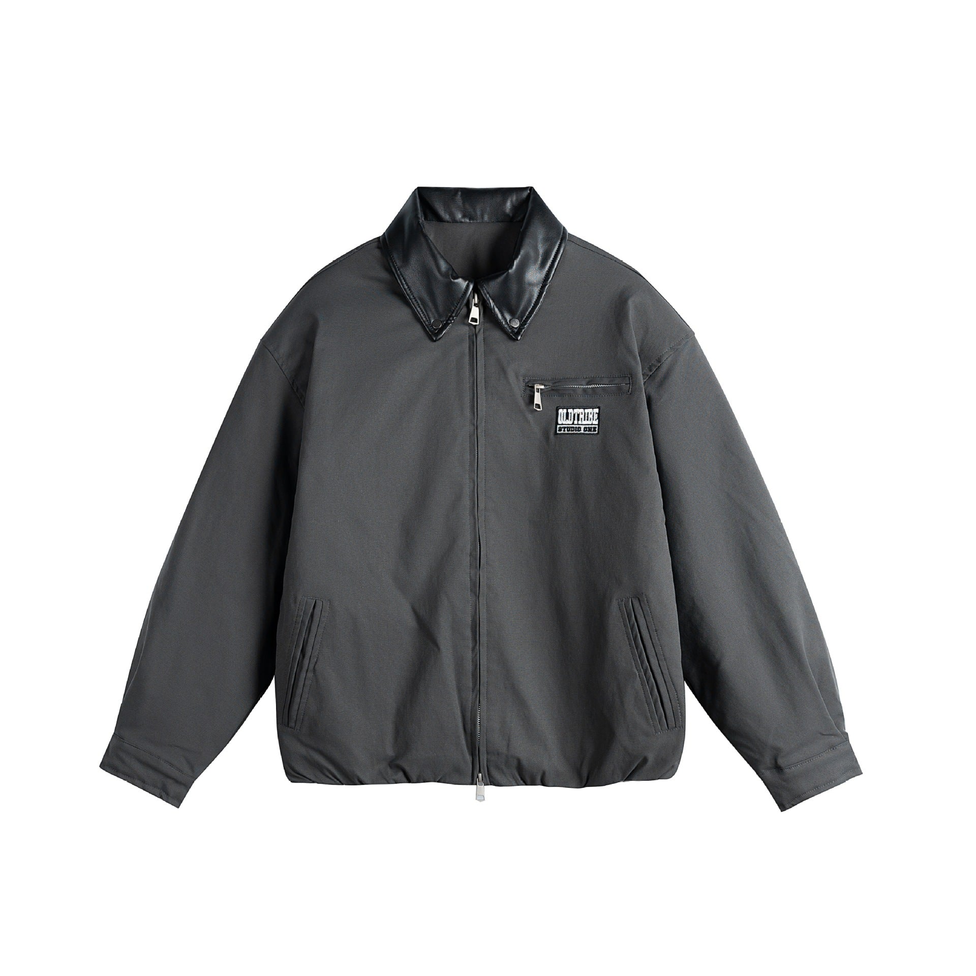 Unisex Oversized Blouson Jacket with Faux Leather Shawl Collar, Two-Way Zipper and Elastic Hem Chichicherry