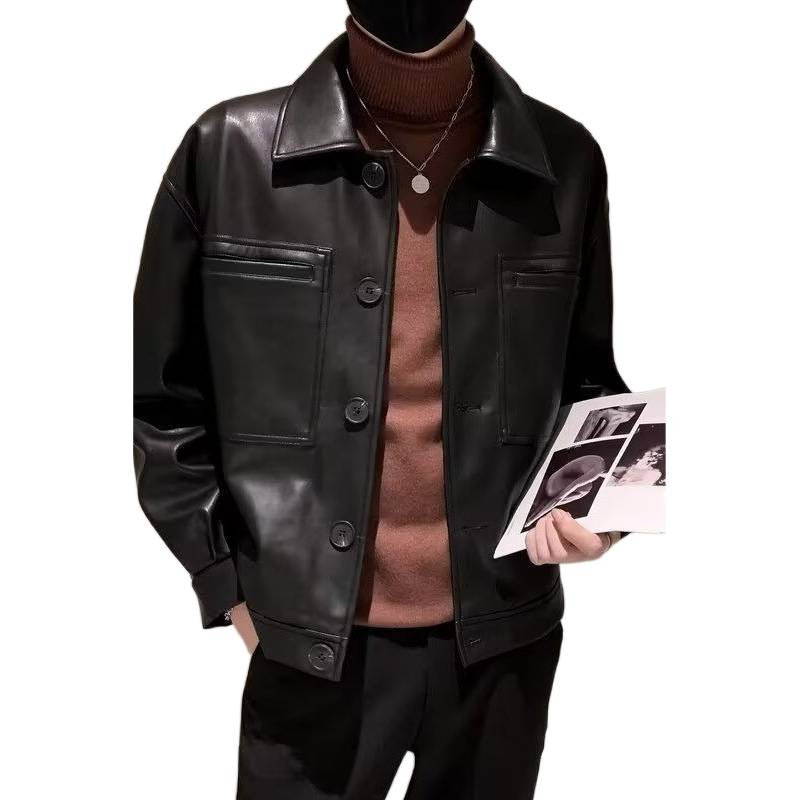 Herren Boxy Overshirt aus Lederoptik mit Hemdkragen und aufgesetzten Brusttaschen Chichicherry