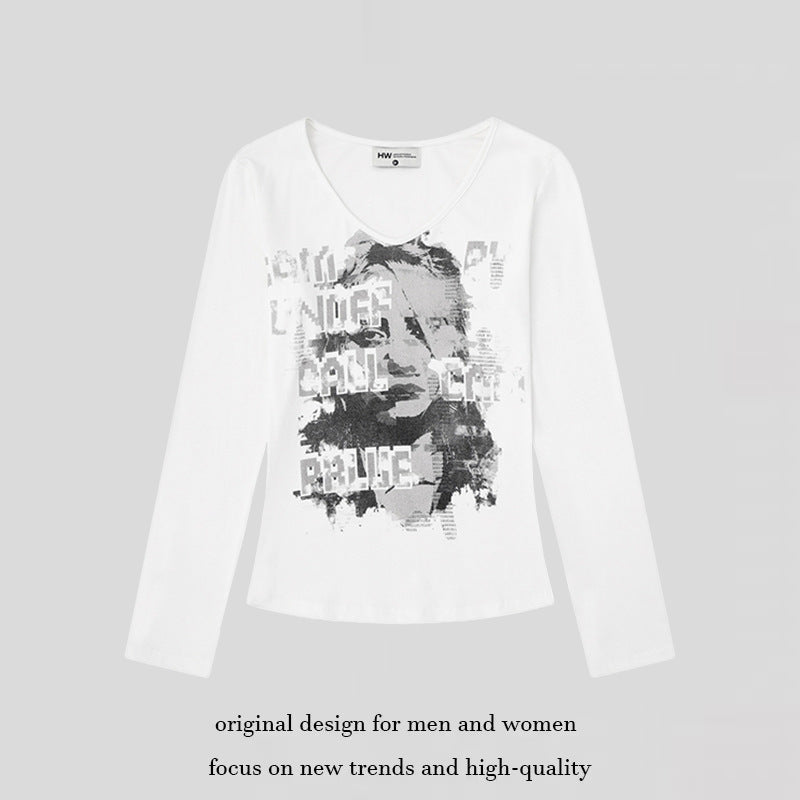 Women's Long Sleeve Shirt with Vintage Photo Print and Round Neckline Chichicherry