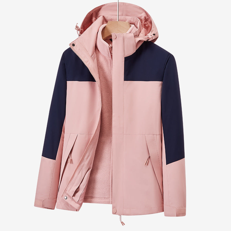 Unisex two-layer water-repellent outdoor jacket with hood and color block design Chichicherry