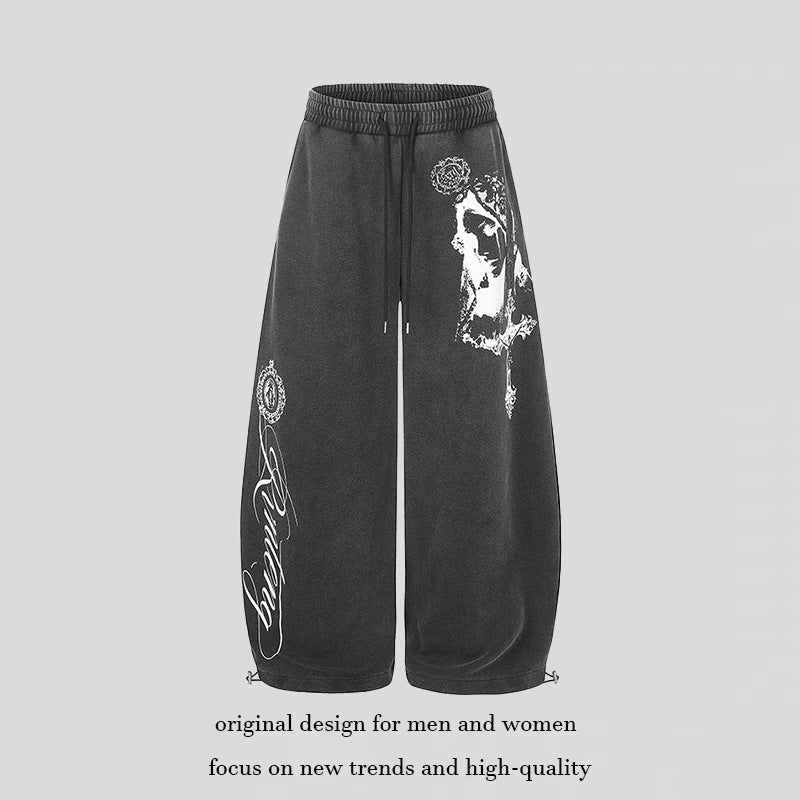 Women's extra-wide palazzo harem pants made of sweatshirt fabric with a high comfort waistband, drawstring, and large graphic print Chichicherry