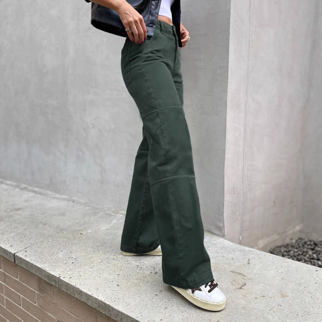 Women's High-Waisted Cargo Palazzo Pants with Seam Segments and Side Flap Pocket Chichicherry