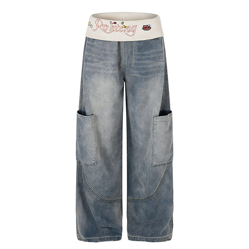 Women's Wide Denim Palazzo Cargo Pants with Comfort Ribbed Waistband and Patch Pockets Chichicherry