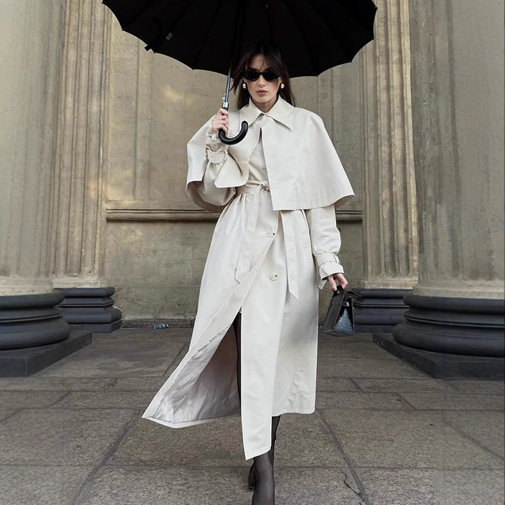 Women's Long Tailored Trench Coat with Detachable Cape and Tied Belt Chichicherry