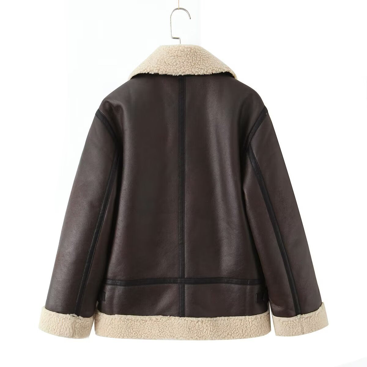 Women's Oversize Pilot Jacket made of Faux Leather with Teddy Collar and Zipper Pockets Chichicherry