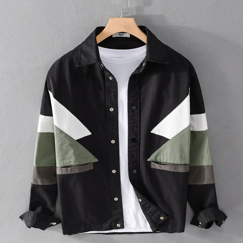 Men's Cotton Overshirt in Layering Style with Geometric Colorblock Inserts and Snap Button Placket Chichicherry