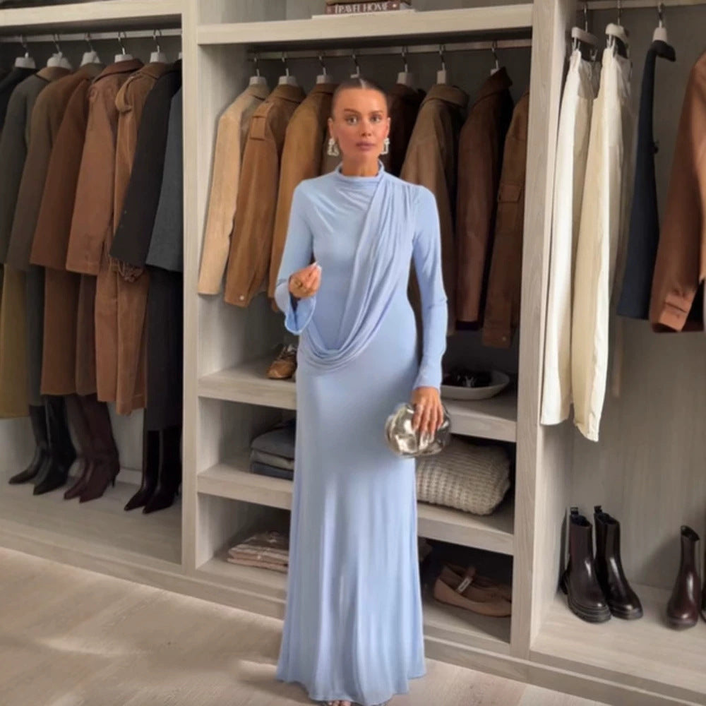 Women's Maxi Dress with Draped Front, Stand Collar and Bell Sleeves Chichicherry