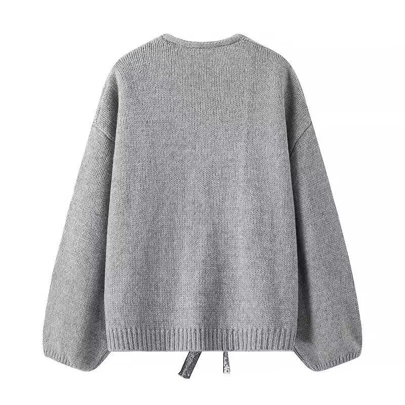 Women's knitted cardigan with V-neck and triple sequin bows Chichicherry