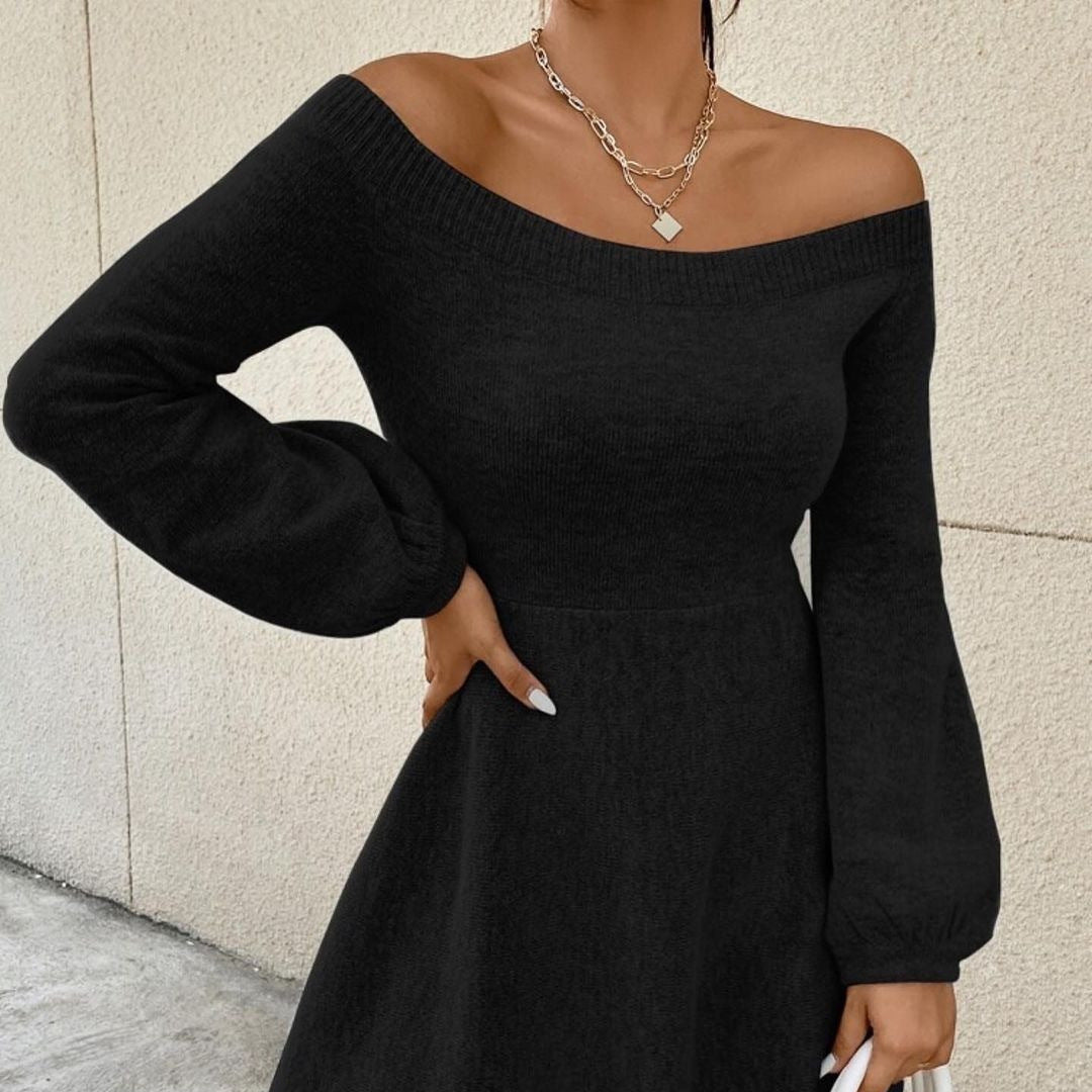 Damen Schulterfreies Feinstrick-Kleid mit taillierter Passform und Ballonärmeln Chichicherry