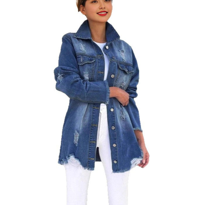 Women's Oversized Denim Jacket with Destroyed Details, Fringed Hem and Concealed Button Placket Chichicherry