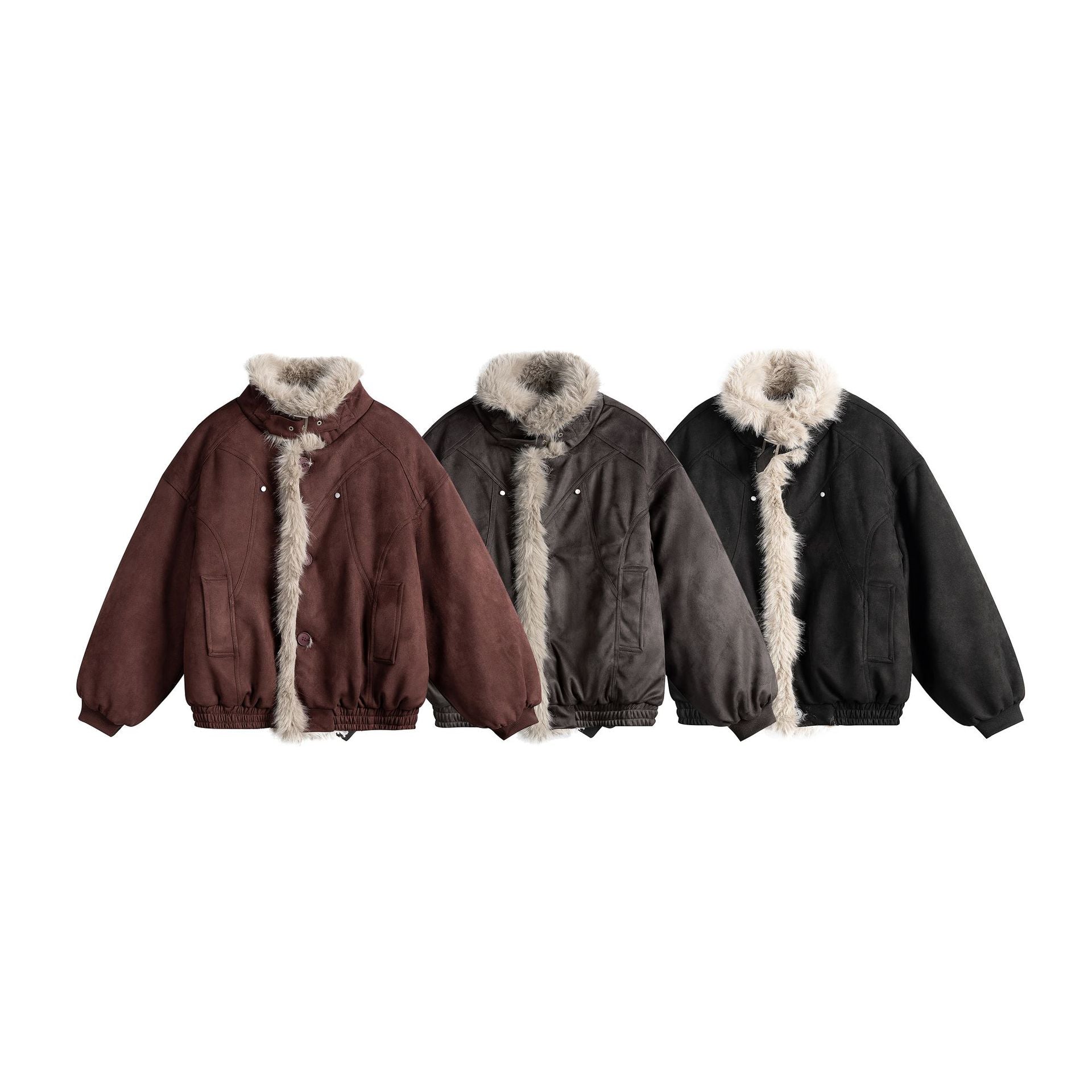 Women's boxy bomber jacket made of faux suede with a voluminous faux fur collar Chichicherry