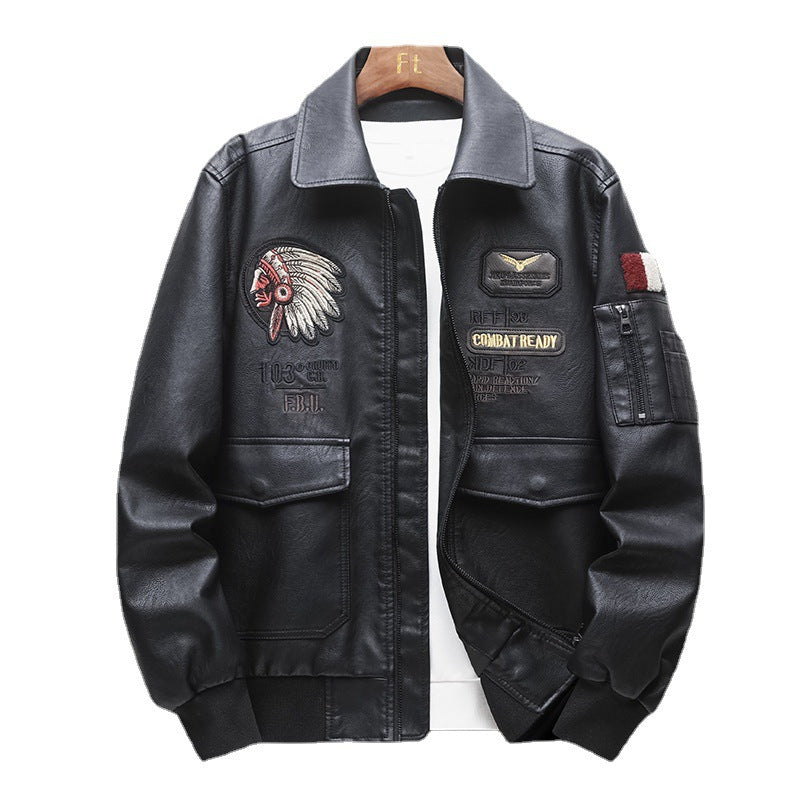 Men's pilot bomber jacket made of faux leather with embroidered patches and ribbed cuffs Chichicherry