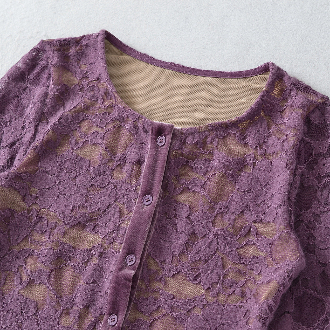 Ladies Fine Lace Cardigan with Matching Under Top and Velvet Trim Chichicherry