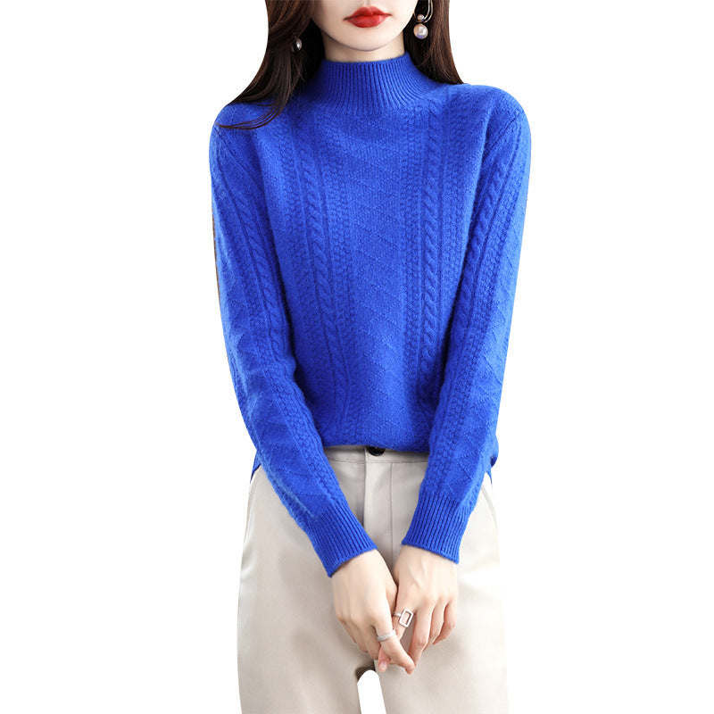 Women's Soft Mohair-Look Mockneck Sweater with Cable Pattern and Fine Ribbed Collar Chichicherry