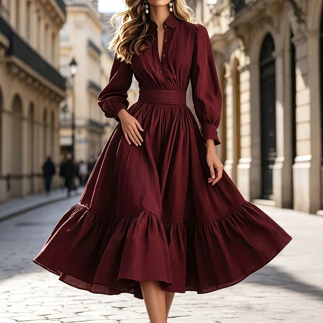 Women's shirt dress with wide smocked waistband, curved tiered frill, and long cuffed sleeves Chichicherry