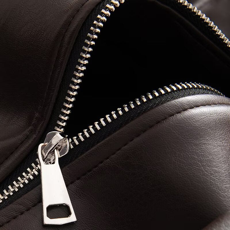 Women's Oversized Faux Leather Bomber Jacket with Utility Pockets, High Collar and Elastic Hem Chichicherry